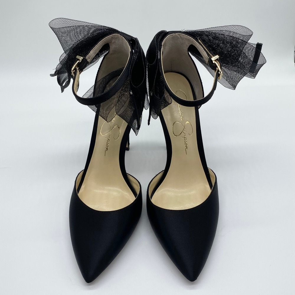 Jessica Simpson Size 6.5 Pumps D'Orsay Dress Heels Black Satin Stiletto Bows - Picture 2 of 11